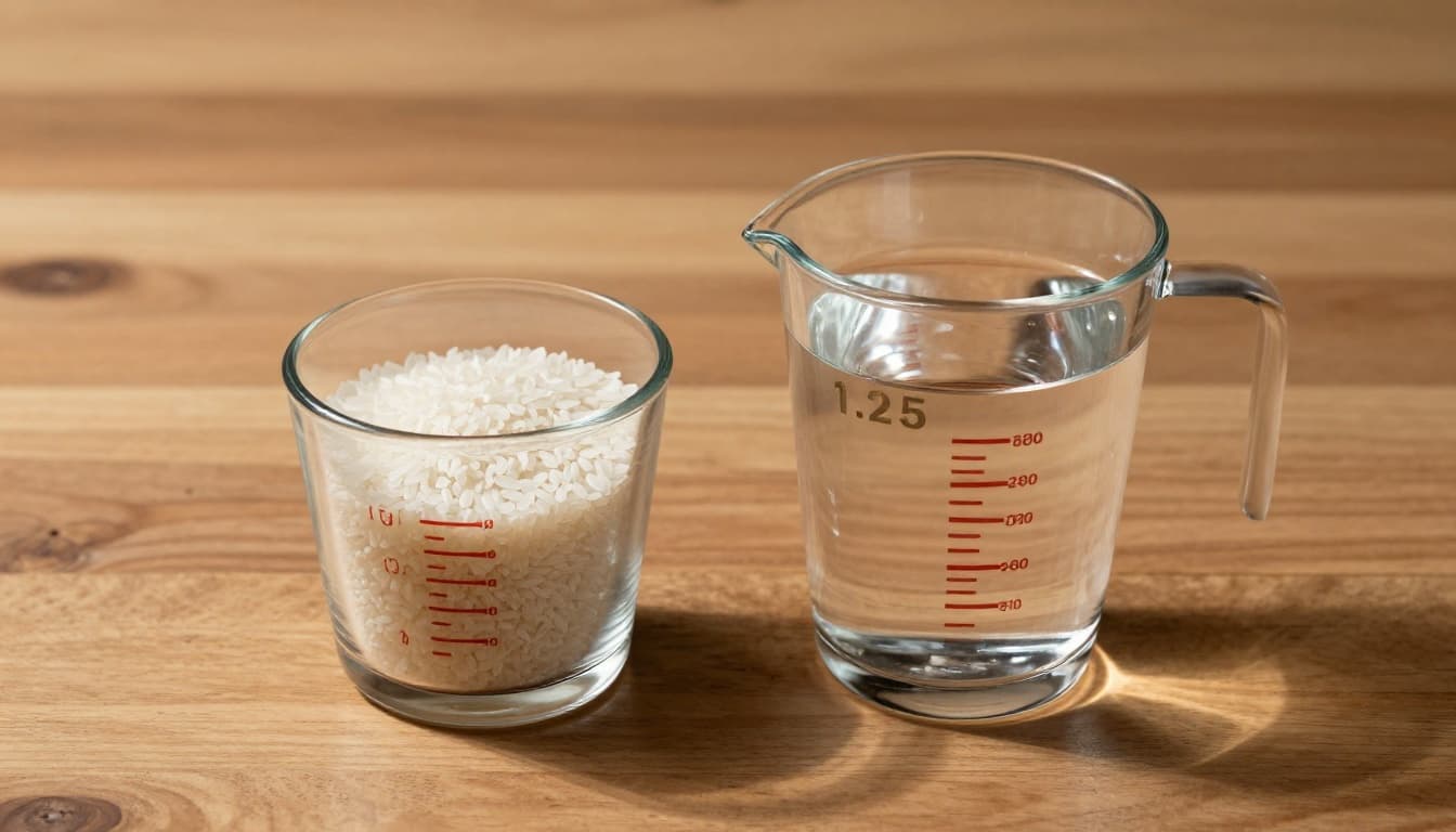 Clear glass measuring cups on a wooden kitchen table, one filled with uncooked white rice to the 1 cup line, the other with water to the 1.25 cup line, top-down view with cinematic lighting and warm tones.