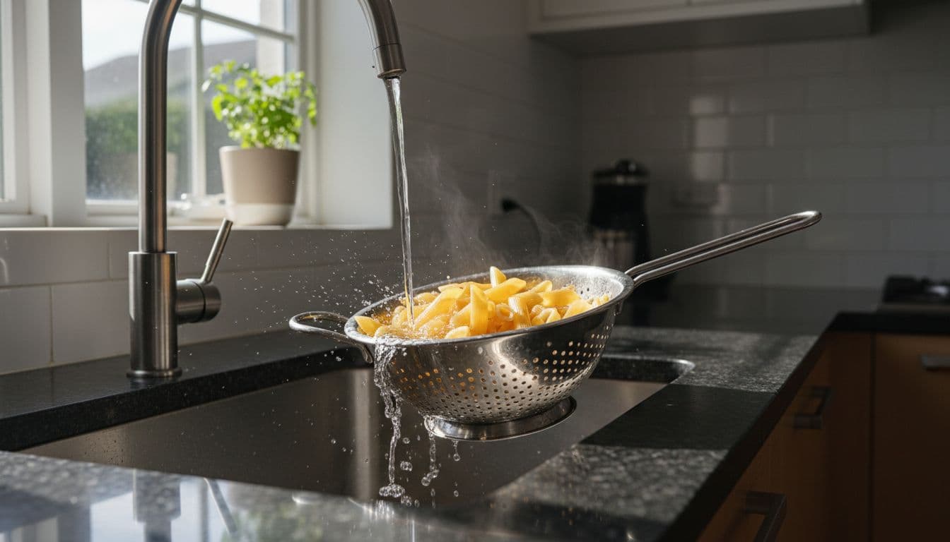 A bowl of cooked pasta being rinsed under cool running water in a colander in a sink, with water droplets splashing and faint steam visible in a modern kitchen.