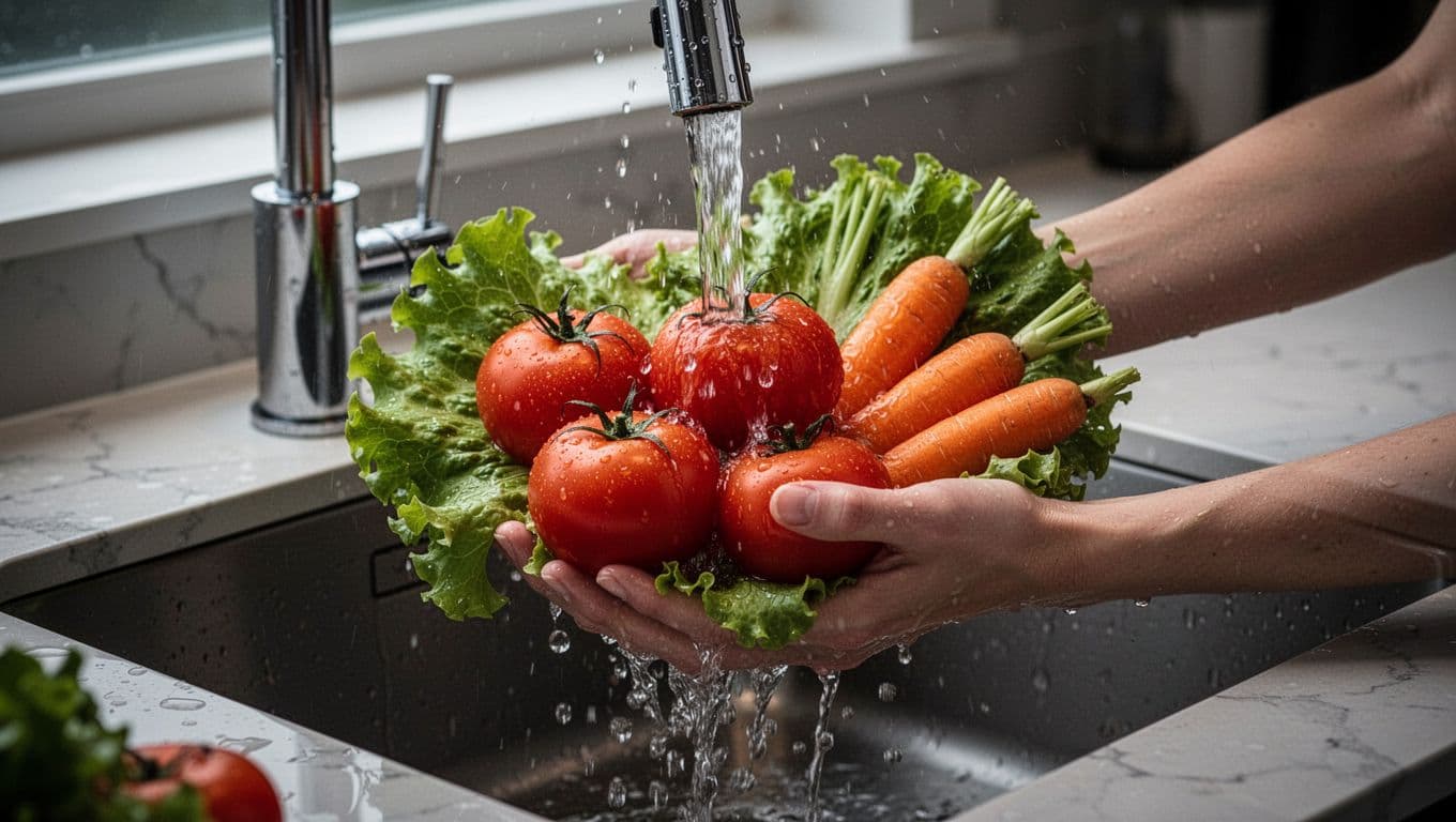 Close-up of fresh tomatoes, lettuce, and carrots held in one hand under cool running tap water in a modern kitchen sink, demonstrating safe rinsing technique. Cinematic style with dramatic lighting, strong contrast, and soft background.