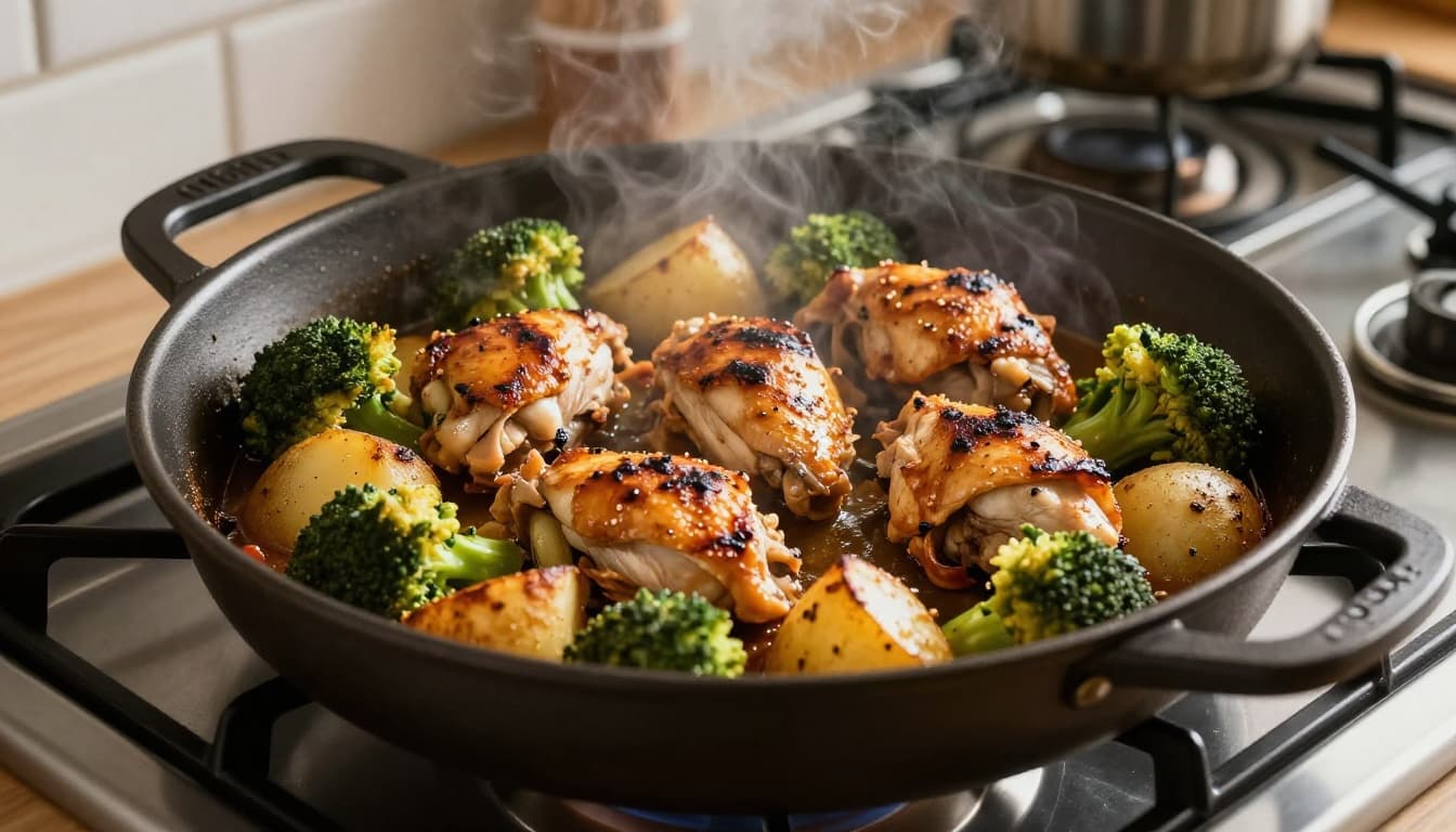 Sheet pan featuring golden brown roasted chicken thighs with broccoli and potatoes, fresh from the oven in a home kitchen. Steam rises slightly in cinematic style with strong contrast, depth, and dramatic lighting, focusing solely on the meal.
