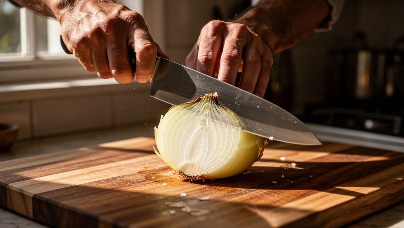 Close-up view of a single hand using a sharp chef's knife to make a precise clean slice through a fresh yellow onion halved on a wooden cutting board in a home kitchen. Onion layers neatly separated with minimal juice spray in dramatic cinematic style.