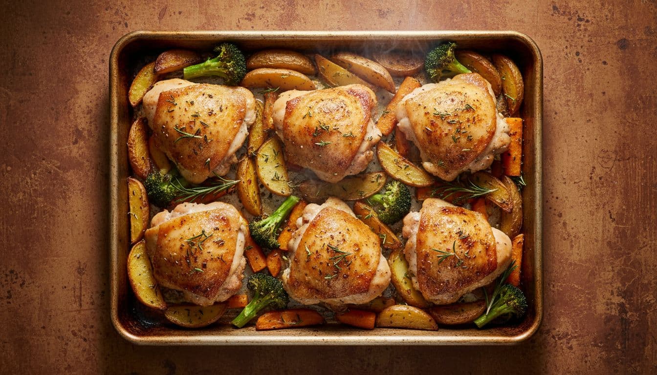 Golden roasted chicken thighs with potatoes, carrots, and broccoli on a sheet pan fresh from the oven, light steam rising and glossy herb seasoning. Overhead cinematic composition on kitchen counter with dramatic lighting and warm earth tones.