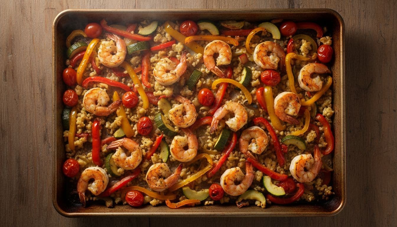 Close-up overhead composition of a sheet pan meal with golden roasted shrimp, cauliflower rice, bell peppers, zucchini, and cherry tomatoes, showing crispy edges and rising steam on a wooden table in cinematic style with dramatic lighting.