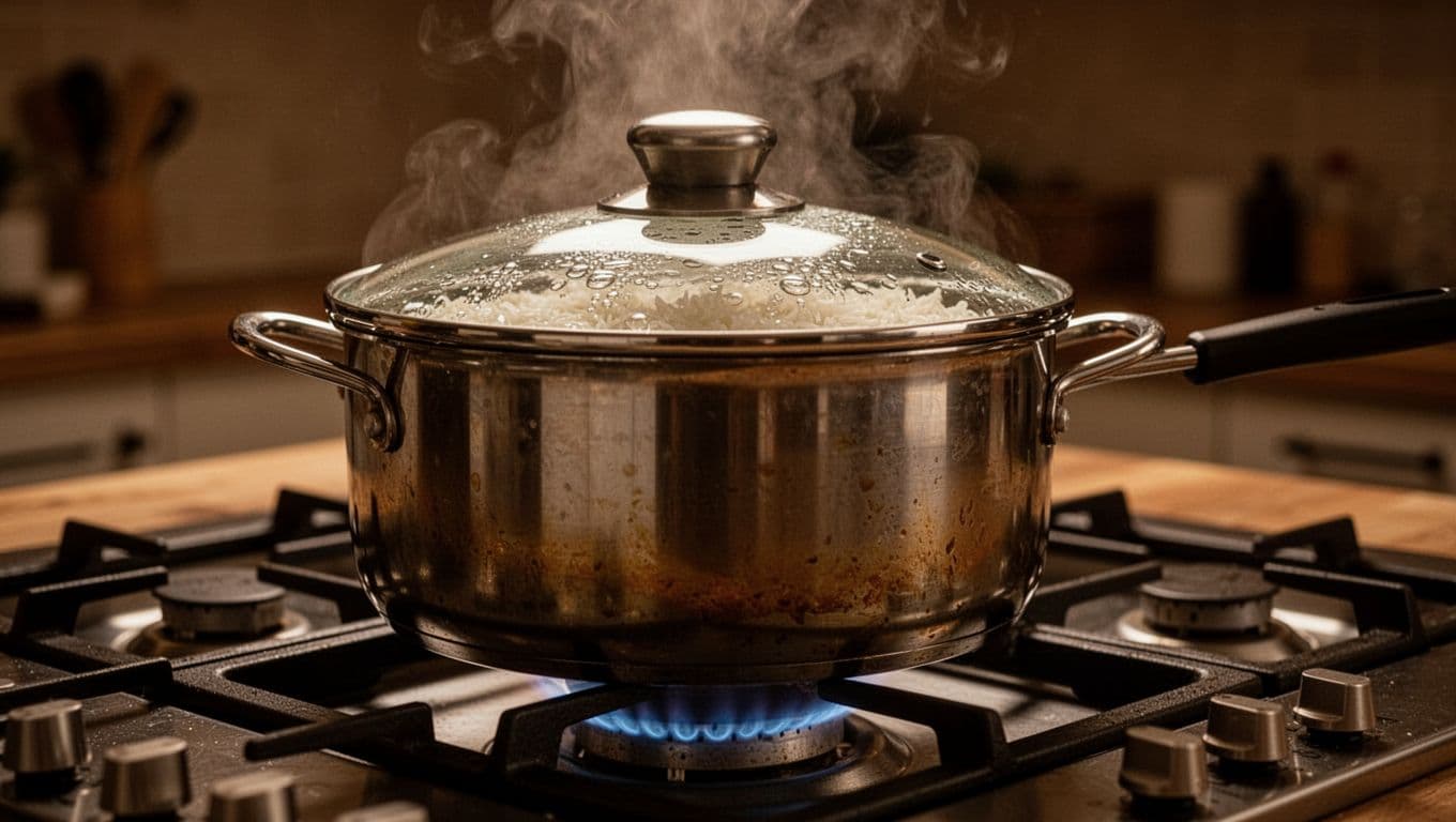 Close-up side view of a heavy saucepan on a gas stove burner with a tight glass lid, showing gentle bubbles and steam during low simmer in a warm kitchen with cinematic lighting.