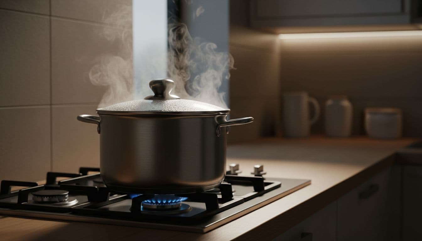 A lidded pot filled with simmering rice on a low gas stove burner in a modern kitchen, with faint steam escaping the edges, captured from a side angle with dramatic backlighting and cinematic lighting.