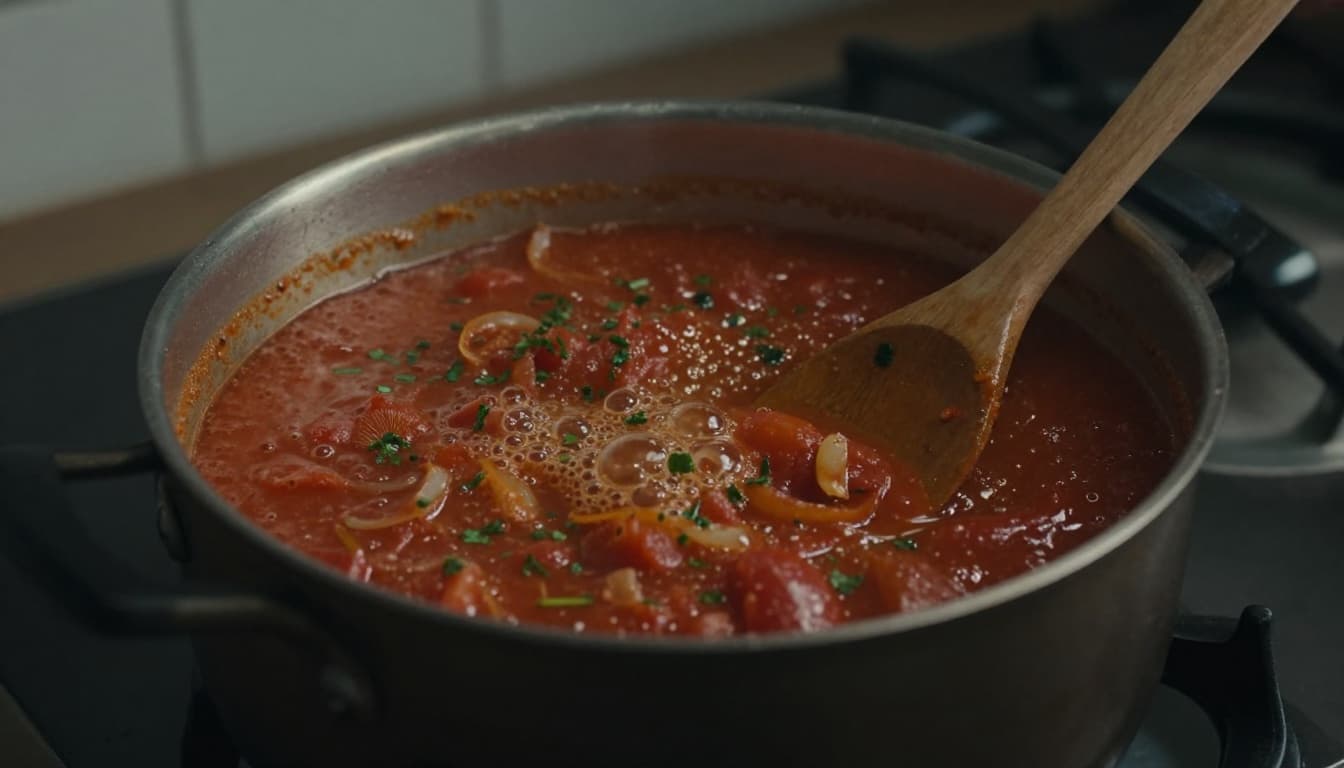 Pot of simmering tomato sauce with herbs and onions, small bubbles gently breaking the surface, wooden spoon resting on the edge in a kitchen stove setting under soft overhead light.