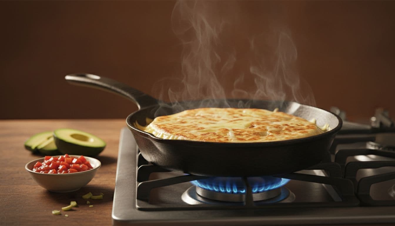 Sizzling cheese quesadilla in a hot cast-iron skillet on the stovetop, featuring golden crisp edges and rising steam, with sliced avocado and salsa nearby. Cinematic side-angle view with dramatic lighting and warm earth tones.