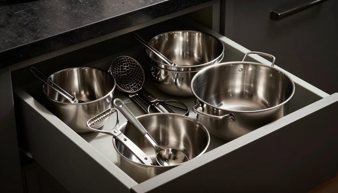 Set of nesting stainless steel mixing bowls, measuring cups and spoons, vegetable peeler, can opener, kitchen shears, and colander stacked neatly in a narrow drawer of a small kitchen. Side angle composition in cinematic style with strong contrast, depth, and dramatic lighting.