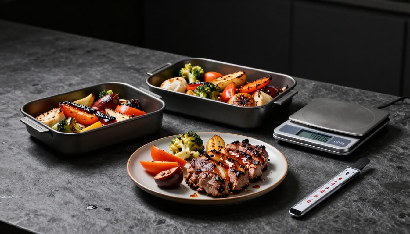 Compact half-sheet pan filled with roasted vegetables, slim digital kitchen scale weighing ingredients, and instant-read thermometer inserted into meat on a plate, arranged on a tiny kitchen counter. Angled cinematic composition with strong contrast and dramatic overhead lighting highlights these three practical cooking tools.
