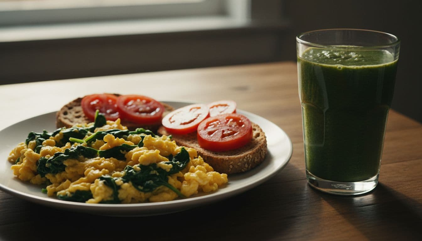 Close-up of a breakfast plate with scrambled eggs mixed with spinach, sliced tomatoes on whole grain toast, and a vibrant green smoothie on a wooden table bathed in morning sunlight.