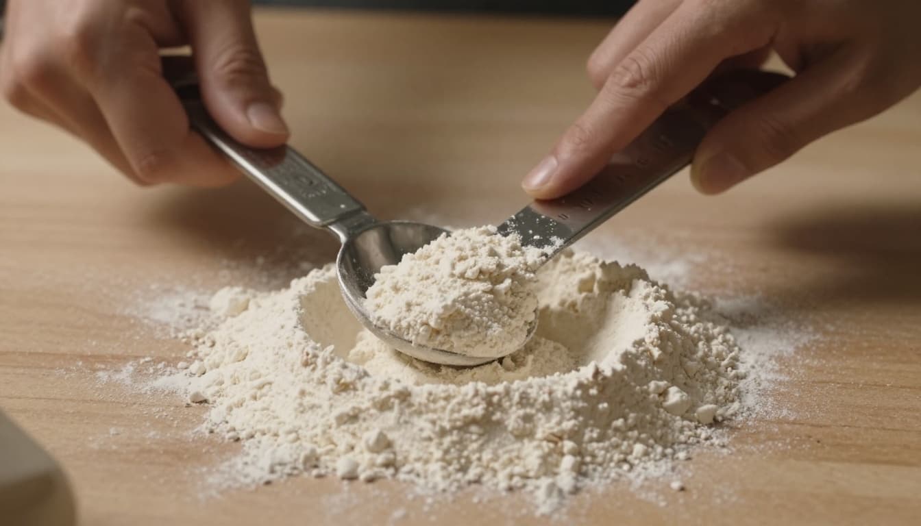 Close-up of a hand lightly spooning fluffy all-purpose flour into a metal dry measuring cup and leveling the top with a flat knife edge. Kitchen counter setting with flour bag nearby, cinematic style with dramatic lighting and warm earthy tones.