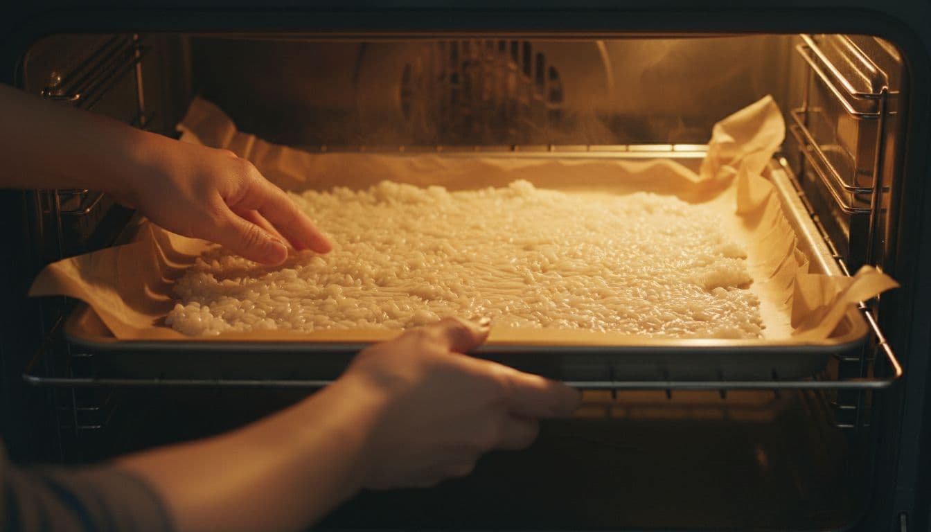 Hands spreading wet mushy rice in a thin layer on parchment paper-lined baking sheet inside a preheated oven, viewed through the open door with dramatic warm lighting and shadows.