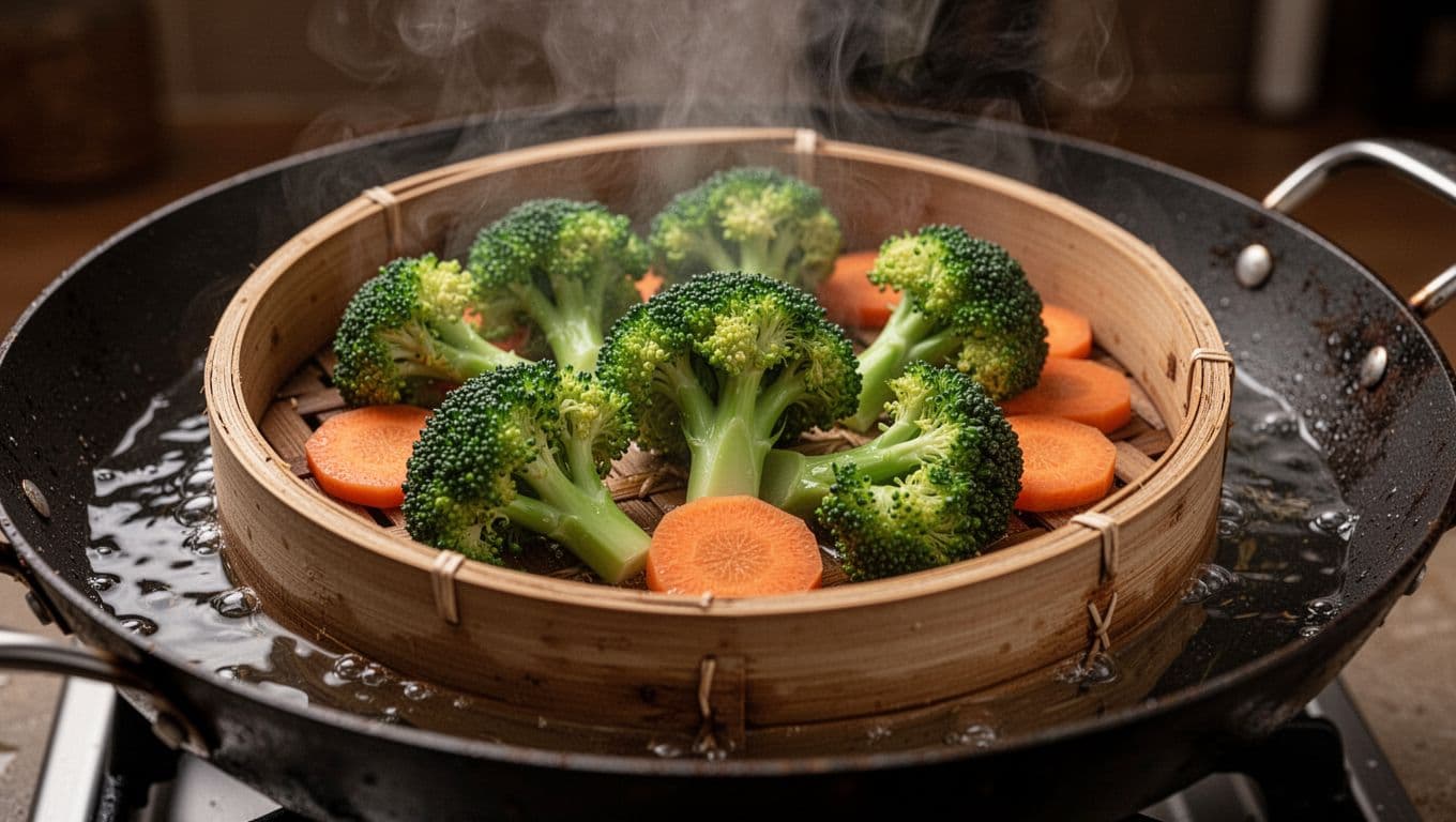 Fresh green broccoli florets and carrot slices in a bamboo steamer basket above simmering water in a wok, with gently rising steam and preserved vibrant colors.