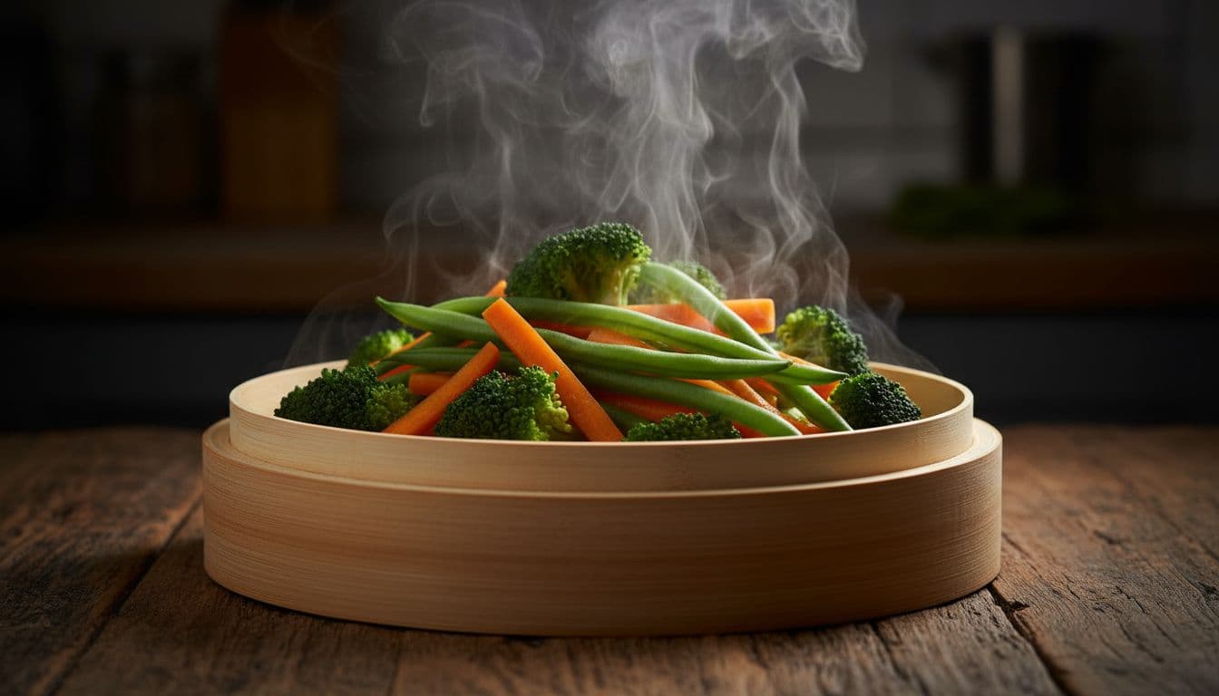 Close-up of vibrant broccoli, carrots, and green beans steaming in a bamboo steamer on a wooden kitchen counter, with gentle rising steam, cinematic lighting emphasizing freshness and nutrient retention.