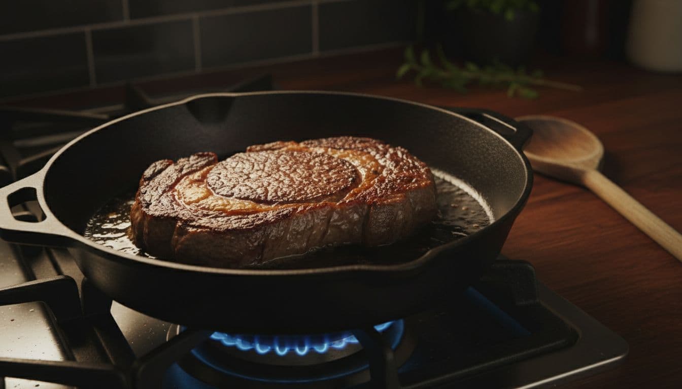 Thick steak searing in a cast iron skillet on medium heat, forming a nice crust with visible juices and no burning, wooden spoon nearby. Cinematic style with strong contrast, dramatic warm side lighting, and depth of field focused on the steak and pan in a kitchen counter setting.