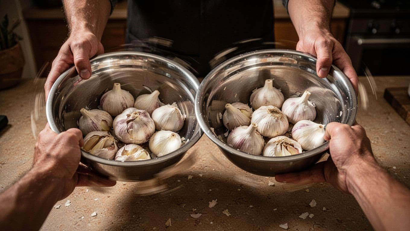 Two stainless steel bowls fitted rim-to-rim with unpeeled garlic cloves are held by two hands and shaken vigorously with motion blur on a kitchen counter, illustrating the peeling method. Cinematic style with dramatic lighting and warm earthy tones.