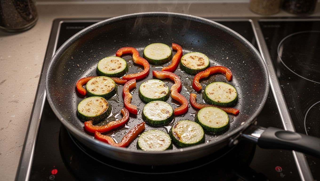 Non-stick frying pan on electric stove with spaced sliced zucchini and bell peppers browning evenly, glossy oil, crisp edges, overhead cinematic view in kitchen setting.