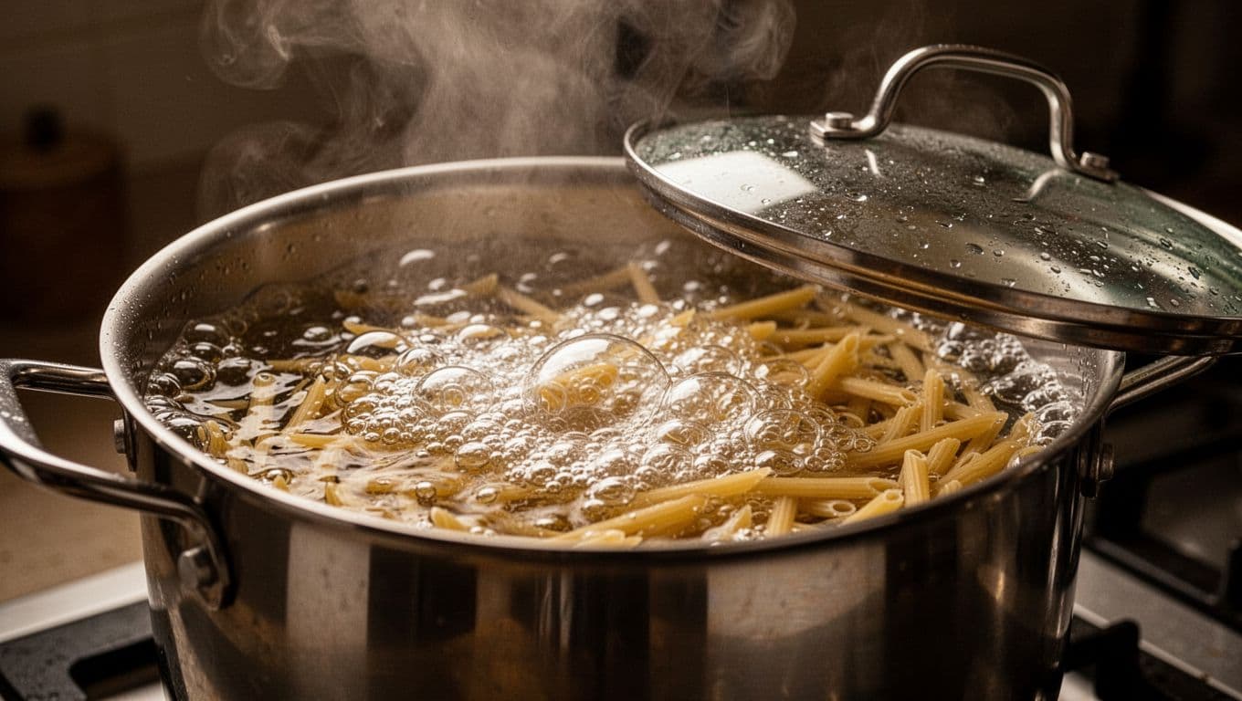 Stainless steel pot filled with boiling pasta featuring large vigorous bubbles and steam escaping from a slightly ajar lid. Close-up cinematic view emphasizing bubbling water, pasta strands, strong contrast, dramatic lighting, and warm earthy tones.